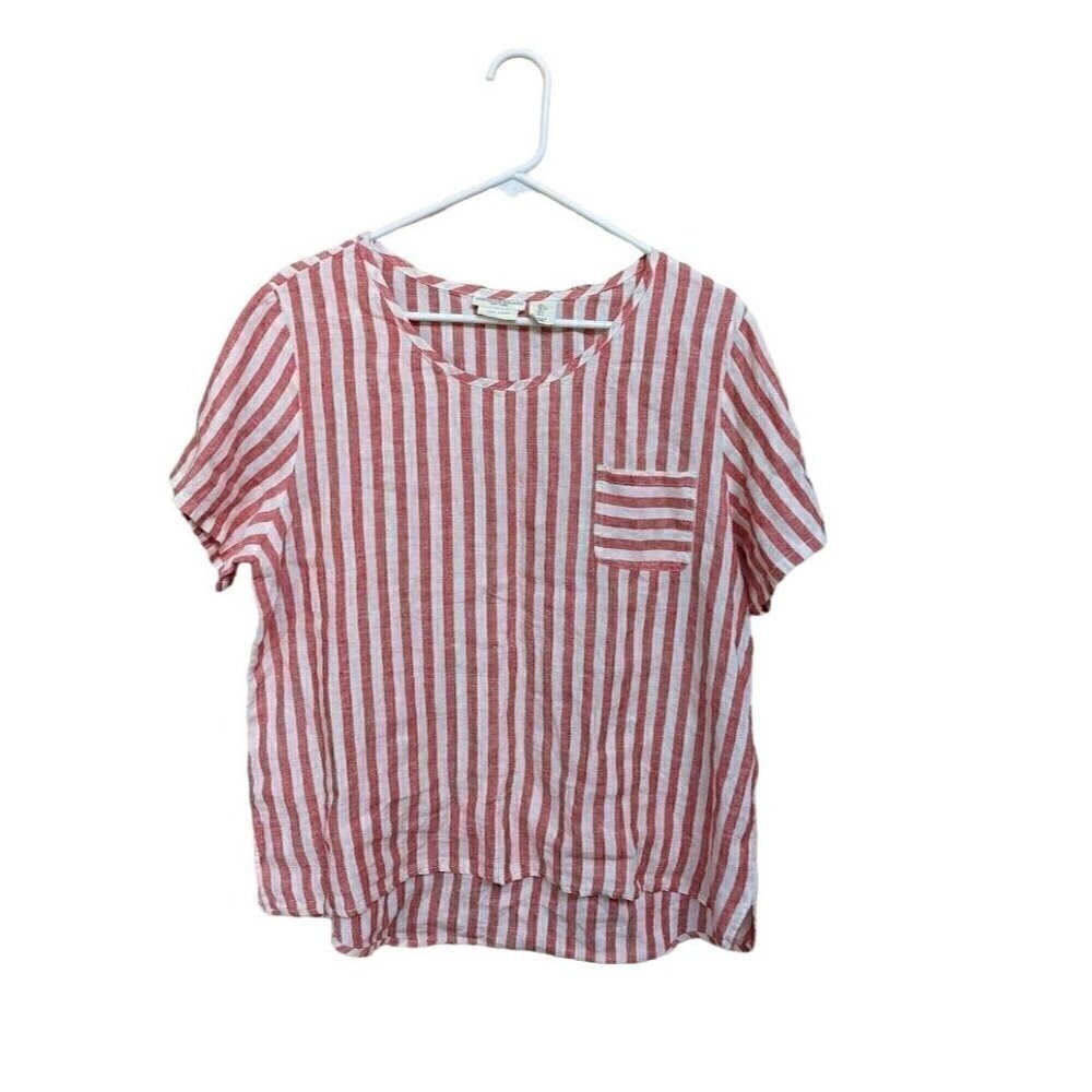 Christian Siriano 100% Linen Blouse Women's Striped Short Sleeve Large